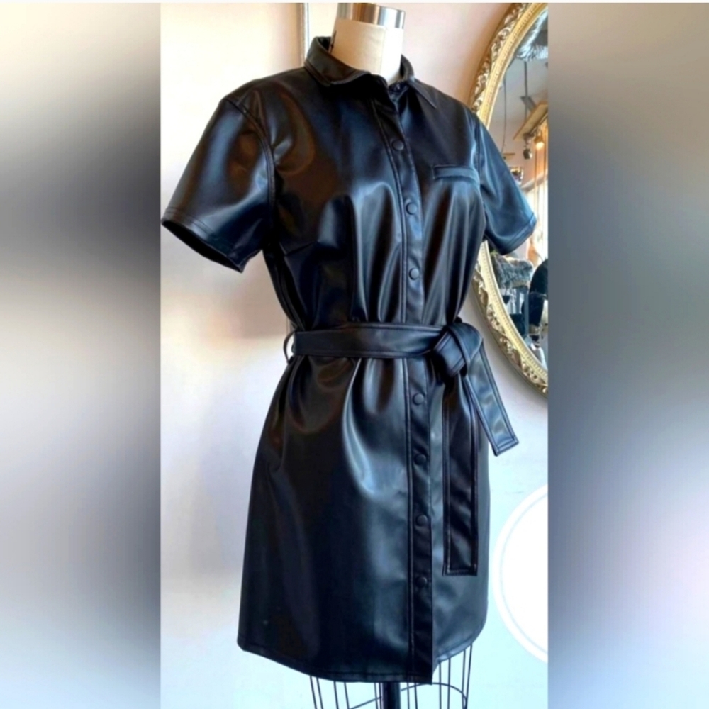 Black Belted Leather Mini Dress